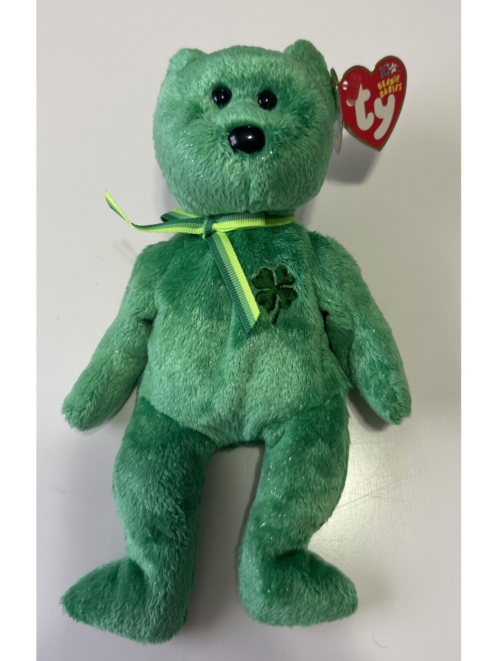 Dublin 10th Anniversary Bear. Green Sparkle With Clover. March 16, 2002. NWT.